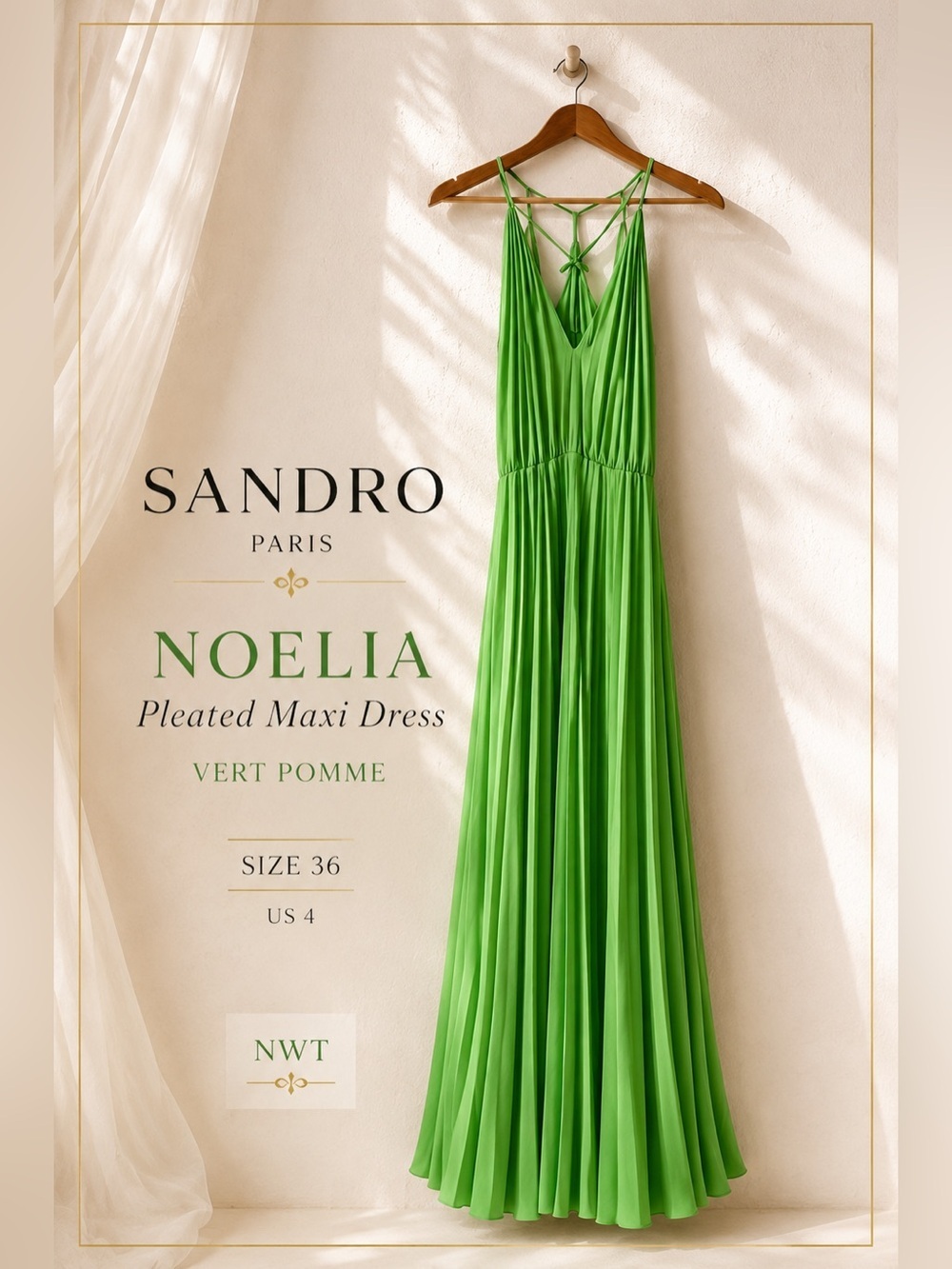 Sandro Noelia Pleated Maxi Dress Vert Pomme Green Size 36 NWT